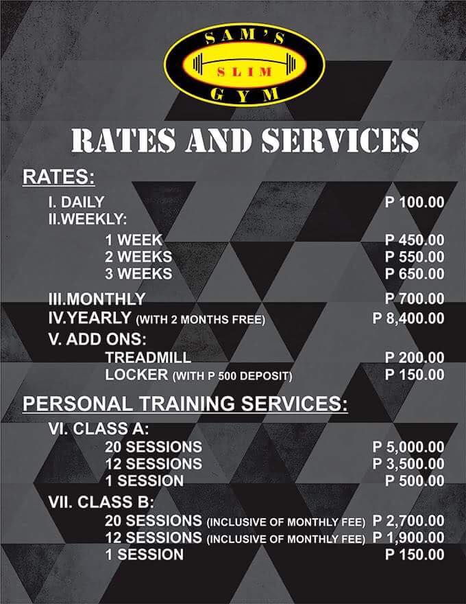 Sam's Slim Gym Rates | Mea in Bacolod